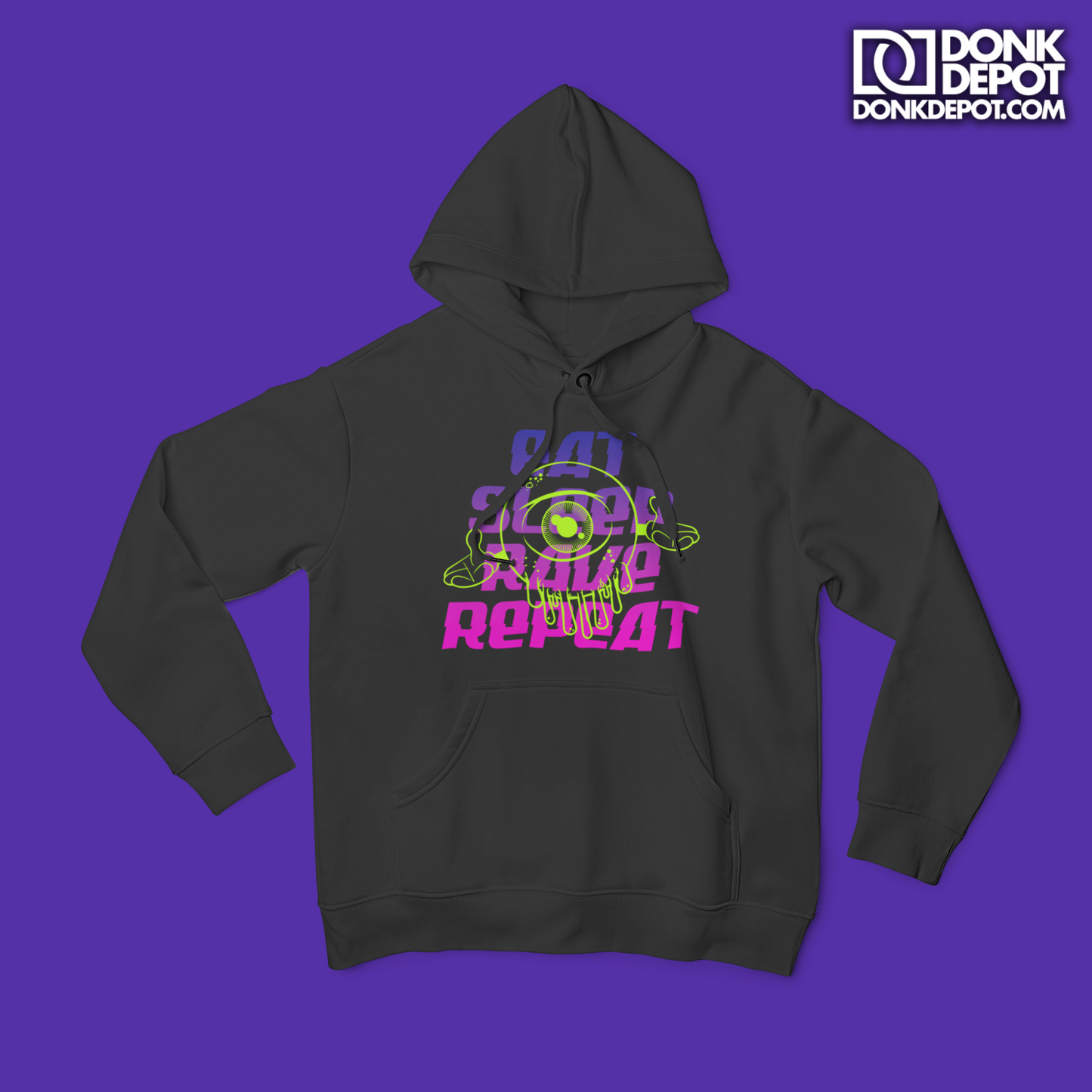 Lets Ave It Eat Sleep Rave Repeat Front Logo Unisex Hoodie (Black)