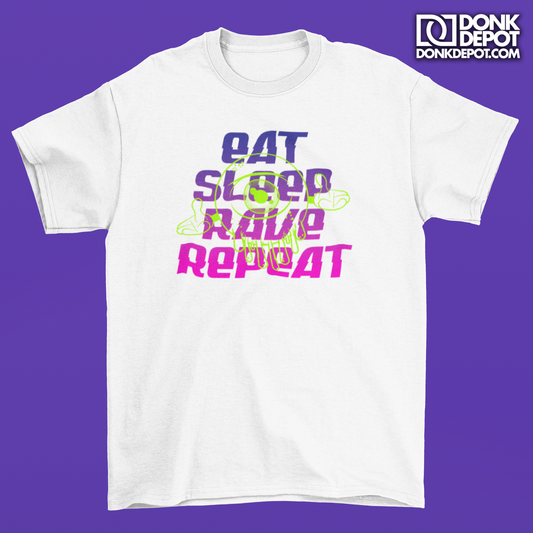 Lets Ave It Eat Sleep Rave Repeat T-Shirt Front Logo (White)